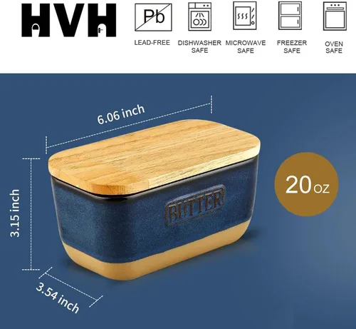Miniatura 4 de HVH Mantequillera de cerámica con tapa para encimera, hermético con tapa de madera, platos de mantequilla con tapas, recipiente de mantequilla