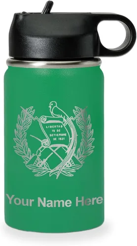 Miniatura 64 de LaserGram Botella de agua personalizada, bandera de Guatemala, acero inoxidable de doble pared aislada al vacío con popote superior, regalo grabado