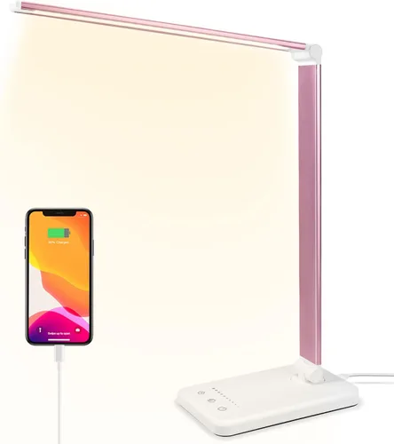 Lámpara de escritorio LED, lámpara de escritorio con puerto de carga USB, 5 modos de color, 10 brillo, luz natural, lámpara de lectura para el Rosa