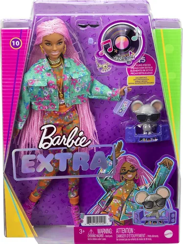 Miniatura 7 de Barbie Muñeca extra y accesorios con trenzas largas rosas en chaqueta floral verde azulado y traje floral de 2 piezas con ratón DJ Pet