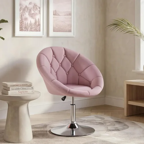 Miniatura 5 de Yaheetech - Silla de tocador para sala de estar, de terciopelo, con respaldo redondo y tapizado, giratoria, con estructura de cromo, altura Rosa