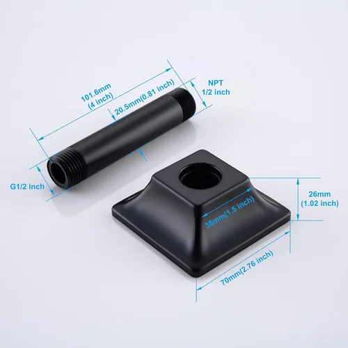 Miniatura 7 de Brazo de ducha montado en el techo de 4 pulgadas, extensión de cabezal de ducha negro mate con escudo único a juego, conexión estándar de 1/2