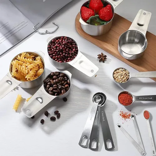 Miniatura 5 de Juego de 21 tazas y cucharas medidoras, incluye 7 tazas medidoras anidables, 9 cucharas medidoras y 5 mini cucharas, juego de medición de metal