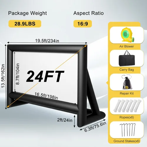 Miniatura 3 de Pantalla de Proyector Inflable, Pantalla de Película Inflable de 24 Pies para Proyector Exterior, Diseño de Una Pieza de Fácil Instalación