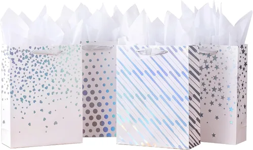 Miniatura 12 de OfficeCastle Paquete de 4 bolsas de regalo doradas con papel de seda, 7x3x9 pulgadas, perfectas para cumpleaños, baby showers, Día del Padre
