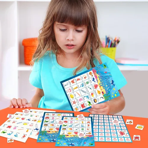 Miniatura 7 de Liliful Tarjetas de juego de bingo de animales del océano para niños, 24 tarjetas de bingo de mar, juego temático del océano para fiestas bajo