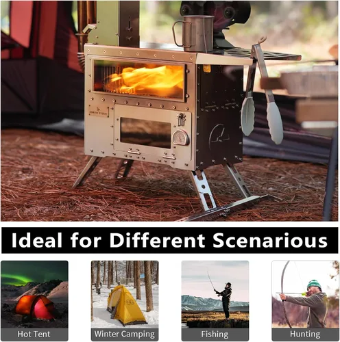 Miniatura 7 de GREEN STOVE Estufa de pellets con horno, estufa de leña portátil para exteriores, cocina, senderismo, estufa de tienda caliente con construcción