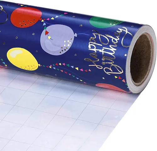 Miniatura 11 de RUSPEPA Rollo de papel de regalo reversible de cumpleaños, mini rollo, diseño de cupcake azul y texto colorido feliz con estrellas, colorido