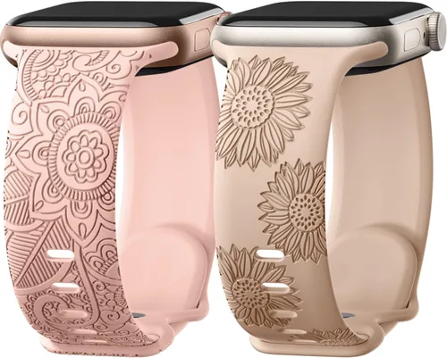 Miniatura 23 de Odbeai Correa deportiva de silicona suave con grabado floral compatible con Apple Watch de 1.496 pulgadas, 1.575 pulgadas, 1.614 pulgadas, 1.654