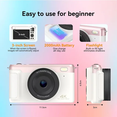 Miniatura 8 de 4K Digital Camera Vlogging Camera for Travel Point and Shoot 75MP Photo Resolution, 4K 30FPS Video, 3-Inch Flip IPS Screen, 2500mAh Battery, 32GB