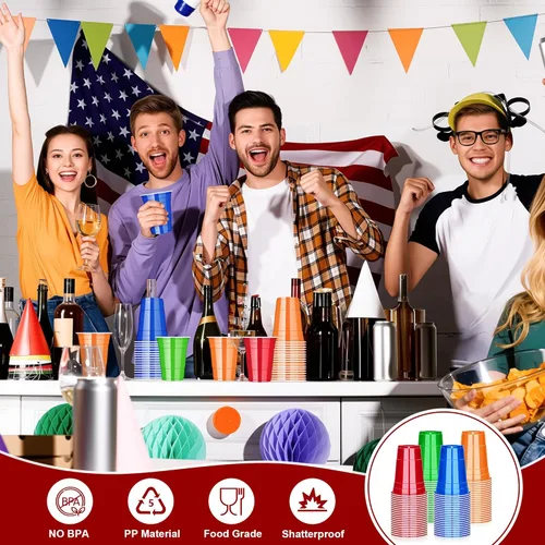 Miniatura 5 de KesaPlan Paquete de 100 vasos de plástico neón de 16 onzas en verde, rojo, naranja y azul, desechables coloridos para fiestas, bebidas frías a Verde