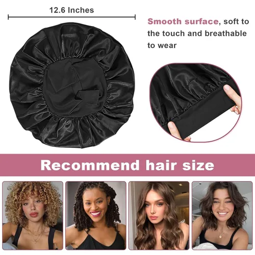 Miniatura 3 de 4 piezas de gorro de satén de seda, gorro de cabello para dormir, gorro de seda elástica de banda ancha para dormir, suave y transpirable