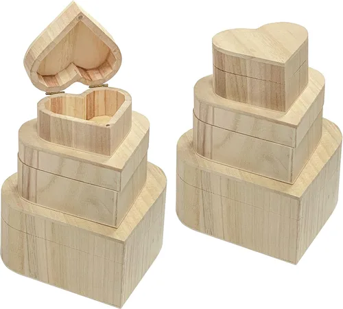 Cregugua Paquete de 6 cajas de madera en forma de corazón, caja de joyería sin finshear, almacenamiento de recuerdos para manualidades (3
