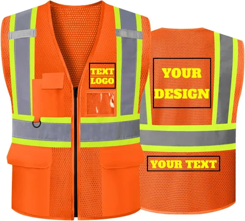 Miniatura 18 de Chaleco de seguridad reflectante de malla con logotipo personalizado Clase 2 con 5 bolsillos y cremallera Amarillo-5pack