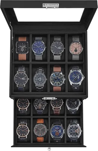 SONGMICS Caja de reloj de 16 ranuras, caja de reloj con tapa de vidrio, 2 capas, vitrina de reloj con cerradura, cuero sintético negro, forro negro