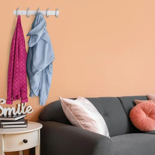 Miniatura 4 de Perchero de Pared Blanco – Riel de Ganchos de Acero Inoxidable de 15 Pulgadas con 5 Ganchos Dobles Resistentes para Abrigos – Perchero Montado