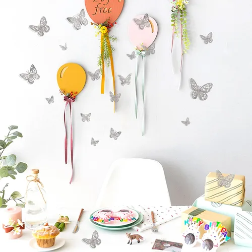 Miniatura 6 de 144 calcomanías de pared de mariposa 3D, 6 estilos, 3 tamaños, calcomanías de mariposa extraíbles plateadas, decoración de pared para habitación