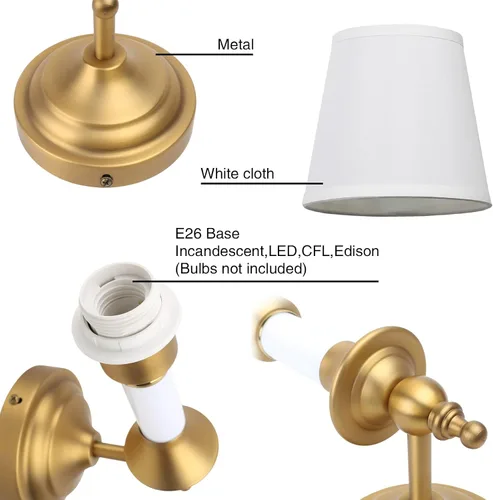 Miniatura 4 de PERMO Juego de 2 apliques de pared clásicos antiguos con forma de embudo con pantalla textil blanca, lámpara de pared montada en la pared