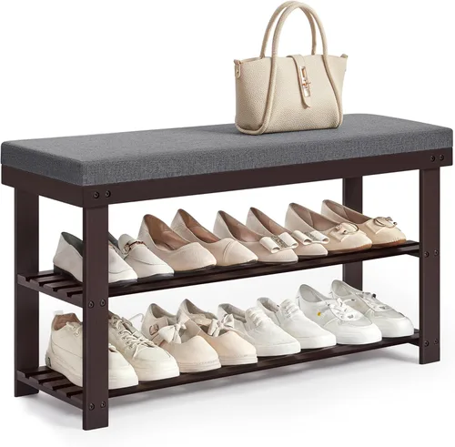 SONGMICS Banco de zapatos de bambú, organizador de zapatos de 3 niveles para entrada, sala de estar, asiento de banco con capacidad para hasta 300