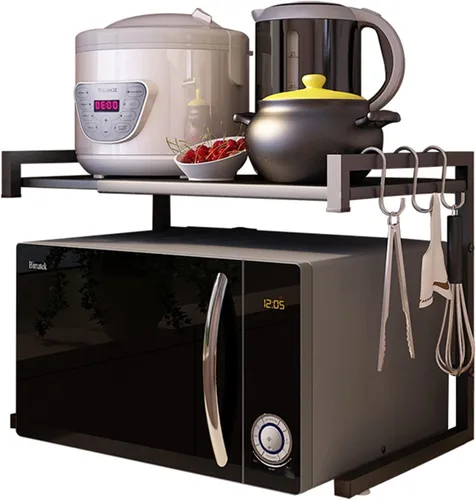 Miniatura 9 de PUSDON Estante para horno microondas negro texturizado, organizador de encimera de cocina expandible de 2 niveles, soporte de acero al carbono
