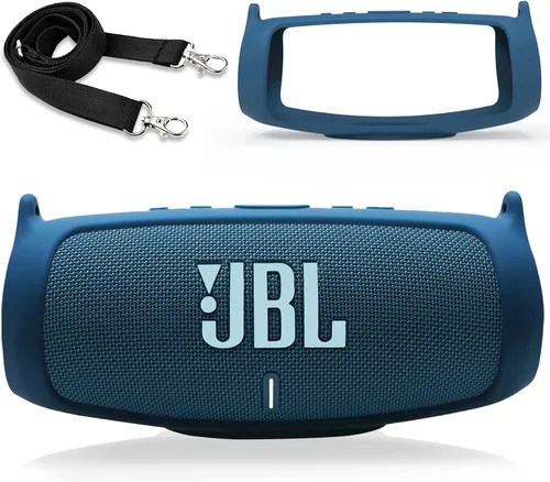 LTGEM - Funda de silicona para altavoz JBL Charge 5, protector de viaje de gel suave, bolsa de goma impermeable con correa para el hombro (azul)