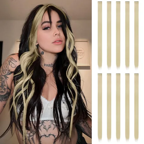 Miniatura 41 de FESHFEN Extensiones de cabello con clip de colores, 16 piezas de 8 colores resaltados, piezas de cabello sintético lacio con clip para mujer, 22