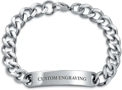 Bling Jewelry Etiqueta de identificación chapada con nombre, cadena de eslabones cubanos para hombre, nombre personalizado, grabado en tono