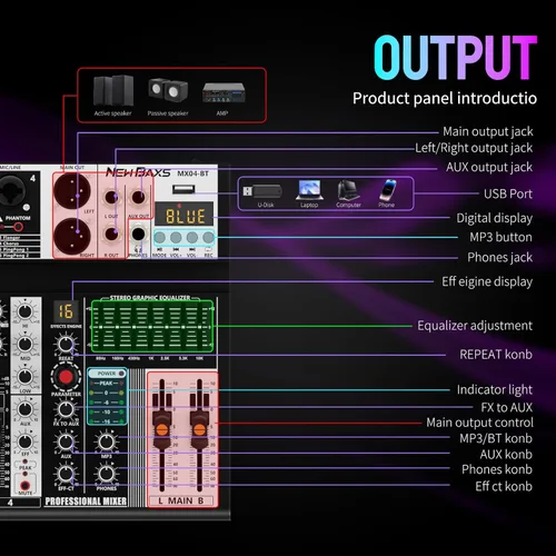 Miniatura 7 de Mezclador de Audio Profesional, Interfaz de Audio de 4 Canales Mesa de Sonido Sistema Monitor de Consola de Mezcla, NEW BAXS Mezclador DJ Bluetooth