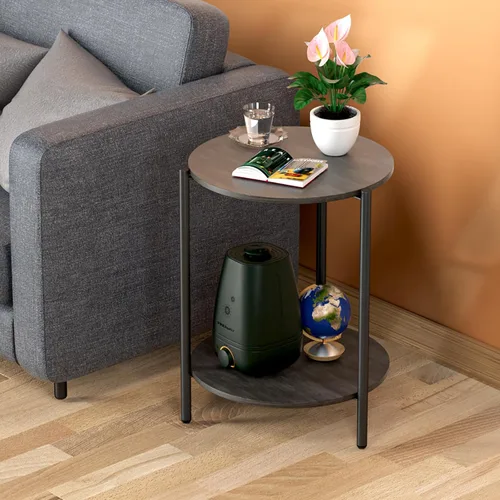 Miniatura 2 de Mesa auxiliar redonda, mesas auxiliares circulares de 2 niveles con almacenamiento de madera rústica de 15.75 pulgadas, mesas auxiliares pequeñas