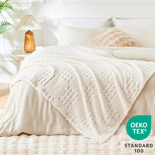 Miniatura 3 de EXQ Home Manta de forro polar para sofá o cama, manta decorativa jacquard con patrón de retazos de gofre 3D, acogedora manta de franela suave