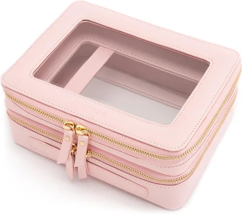 Miniatura 63 de Aveniee Organizador de bolsa de maquillaje transparente, bolsa de aseo de viaje para mujer, bolsa de cosméticos impermeable con cremalleras, Rosa
