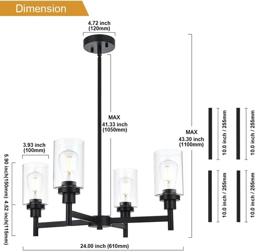 Miniatura 4 de Lámpara de araña de cristal de 4 luces estilo granja, negra, para cocina, iluminación colgante con cilindro de cristal transparente para comedor
