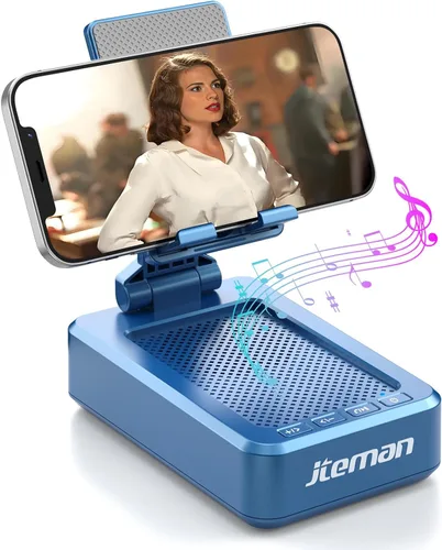 JTEMAN Soporte para teléfono celular con altavoz Bluetooth, sonido estéreo HD y base antideslizante, soporte plegable ajustable para teléfono de Azul