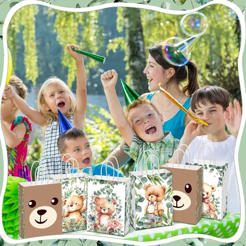 Miniatura 4 de Yeaqee - 24 bolsas de regalo de papel con asas para fiesta de oso lindo tema de oso con asas, bolsas de dulces para baby shower, fiestas de bosque