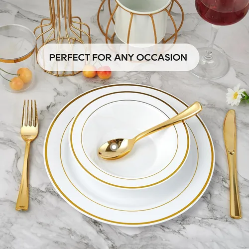 Miniatura 3 de JOLLY PARTY 50 cuencos de plástico con borde dorado, cuencos de sopa desechables de 12 onzas, cuenco de ensalada de postre prémium para Navidad