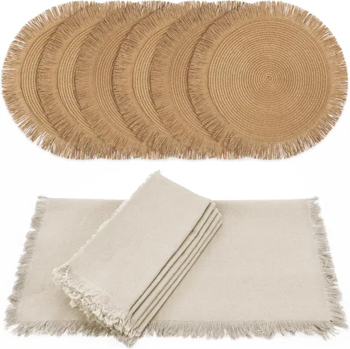 Miniatura 9 de Juego de 6 manteles individuales decorativos bohemios con servilletas con textura de lino a juego - Hermosa decoración natural que realza tu comedor