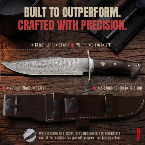 Miniatura 4 de BIGCAT ROAR Raptor - Cuchillo de caza hecho a mano de acero de Damasco con hoja fija de 13.2 pulgadas, mango de madera de nogal y funda de cuero