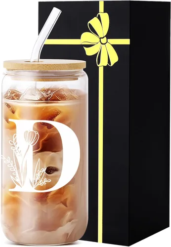 Miniatura 8 de Vaso de vidrio con monograma con tapa, pajita, idea de regalo de moda para amantes del café para mujeres y adolescentes, regalo personalizado