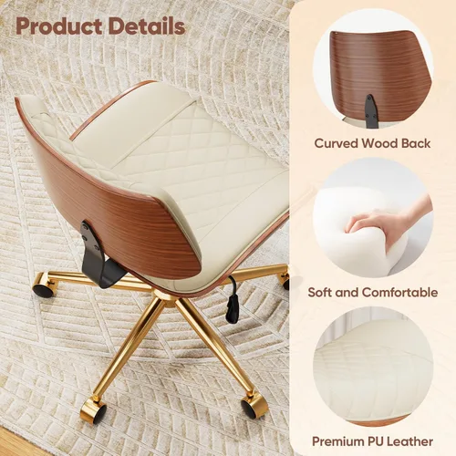 Miniatura 7 de Silla de escritorio de oficina en casa con ruedas giratorias, moderna silla de oficina sin brazos de piel sintética, pequeña silla de computadora