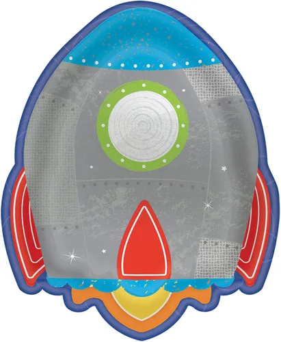 Blast Off - Platos en forma de cohete de cumpleaños, 7 pulgadas (paquete de 8): platos de fiesta con temática única, llamativos, perfectos para