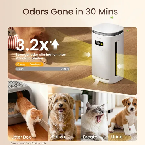 Miniatura 2 de Provirtec Purificador de aire para mascotas domésticas, filtro HEPA verdadero H13, entrada amplia de 4 lados, atrapa el olor de mascotas caspa