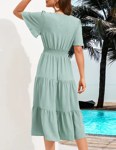 Miniatura 5 de KOJOOIN Women's Casual Wrap V Neck Midi Dress Long Sleeve Smocked Waist Tiered A Line Pleated Flowy Long Dress