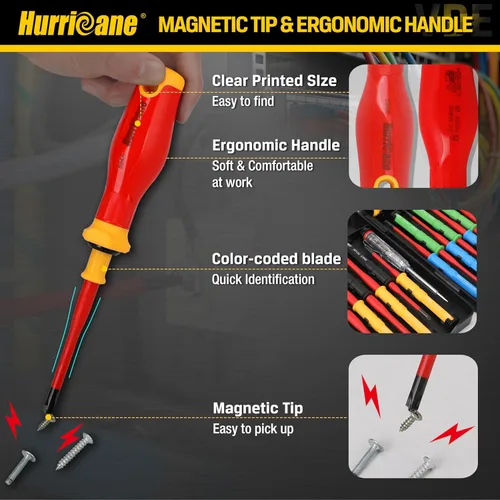 Miniatura 6 de HURRICANE Juego de destornilladores aislados de 15 piezas, herramientas de electricista con certificación VDE de 1000 V con cuchillas S2 codificadas