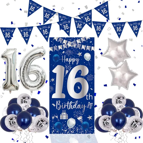 Decoraciones de cumpleaños número 16 para niños y niñas, kit de fiesta de cumpleaños azul plateado con pancarta, globos, globo del número 16,