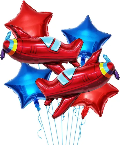 Miniatura 7 de ZHENGYE Juego de 6 piezas de decoración de cumpleaños de avión, globos azules grandes de avión, globos de papel de aluminio de mylar, globos