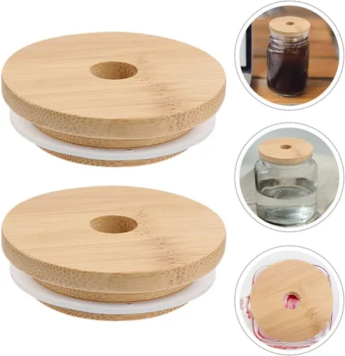 Miniatura 9 de Tapa de bambú para frasco, tapa de frasco, tapa de botella, tarro de vidrio, tapa de bambú, tapa de tarro con agujeros para pajilla, tapa
