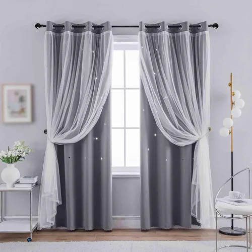 Miniatura 16 de Anytime - Cortinas románticas para niños, cortina de ventana con estrellas recortadas, cortinas opacas de doble capa para dormitorio de niñas, Azul