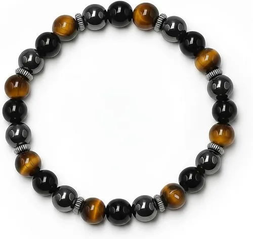 Kartini Studio Pulsera de protección energética extra fuerte, ojo de tigre, hematita, obsidiana negra y pulsera de prosperidad de plata de ley