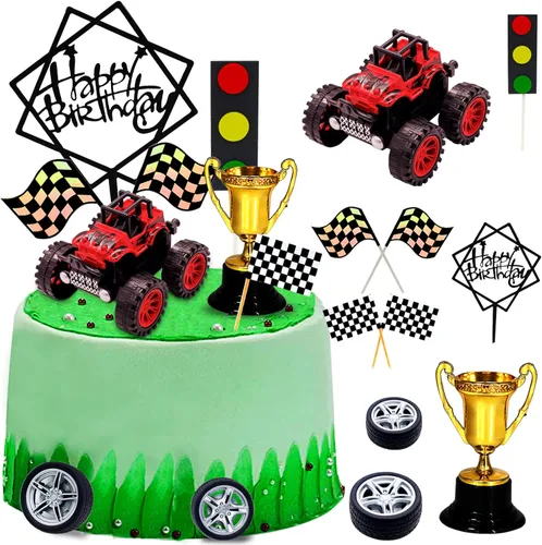 MEMOVAN Decoración para tarta de camiones, decoración de tarta de camión para niños, coche de carreras para tarta de cumpleaños, decoración de