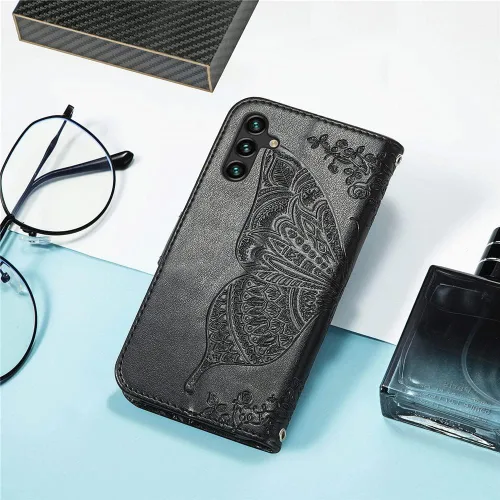 Miniatura 5 de Funda compatible con Samsung Galaxy A13 con purpurina brillante con tarjetero y soporte de cuero con tapa de mariposa de diamante a prueba de Negro